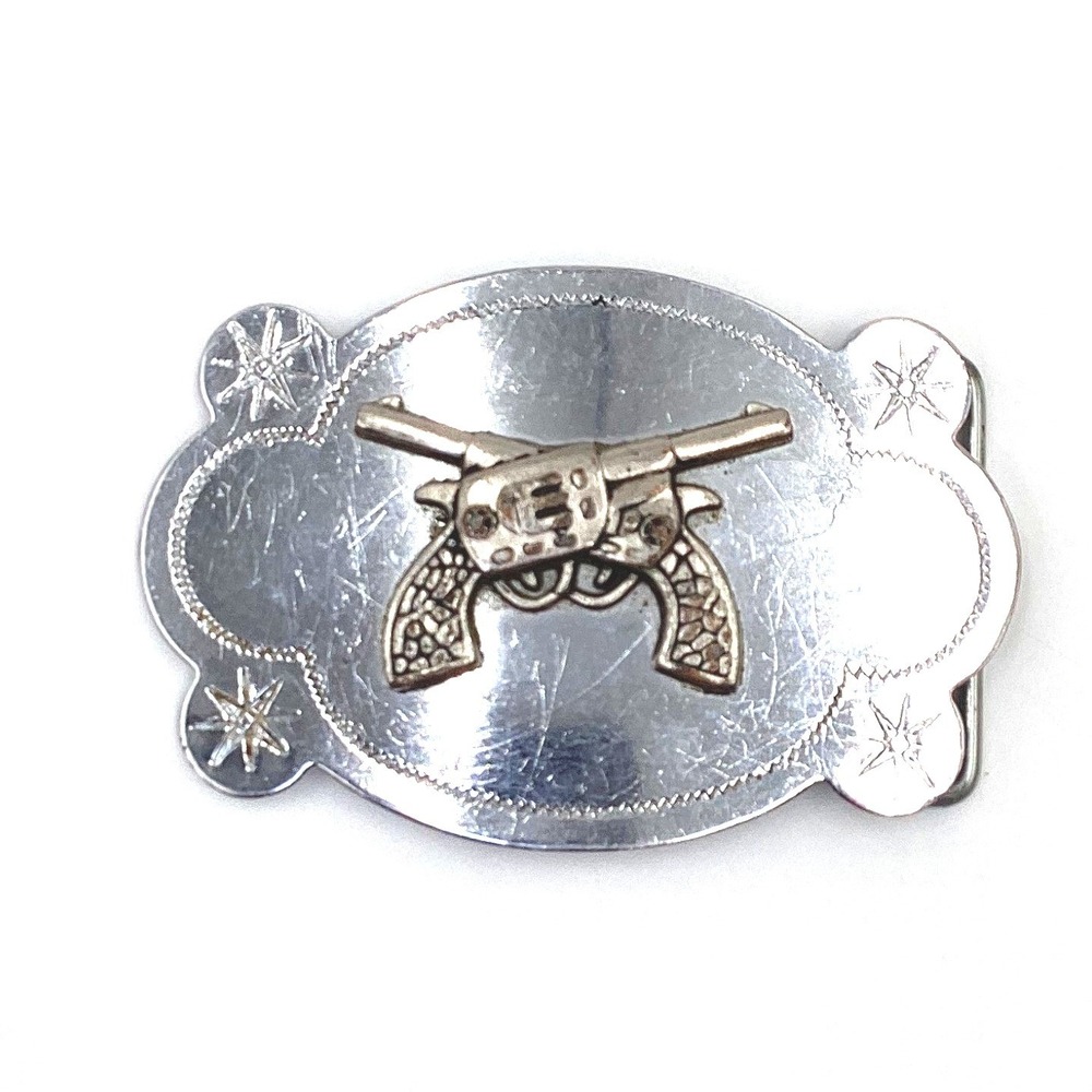 Vintage Western Crossed Revolver Belt Buckle Silver‎ Tone Scalloped Pistol Star